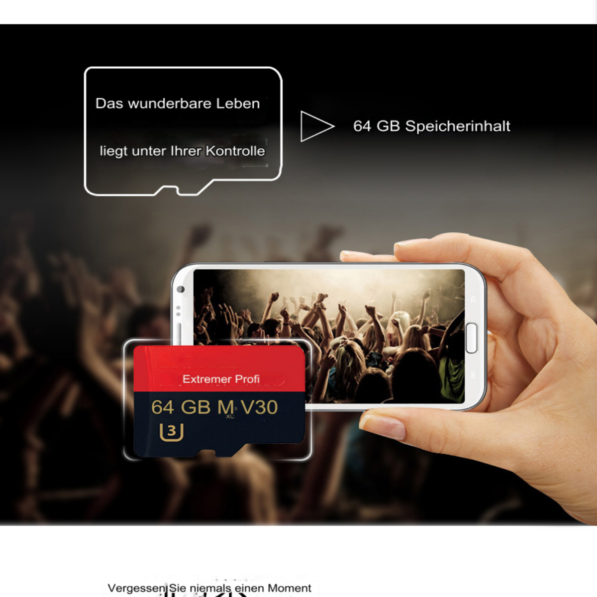 Eine Hand hält ein Telefon, das eine rote SD-Karte mit Text anzeigt. Eine Menge ist im Hintergrund unscharf.