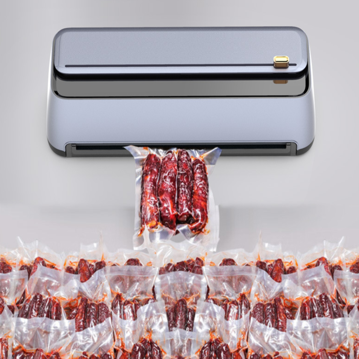 Ein Vakuumiergerät mit einer Wurstpackung, die versiegelt wird.