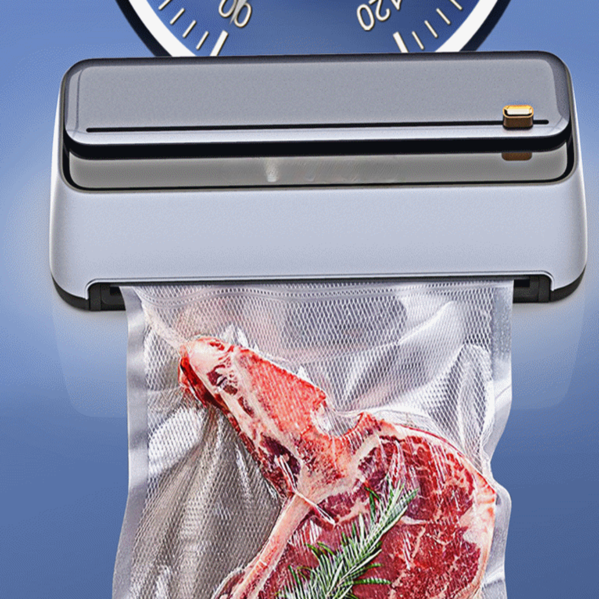 Vakuumierer mit Steak im Beutel. Im Hintergrund ist ein Messgerät.