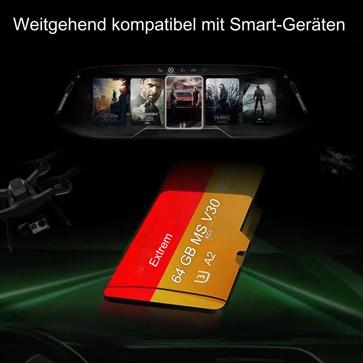 SD-Karte mit Text darauf. Eine Drohne und ein Auto-Bildschirm im Hintergrund.