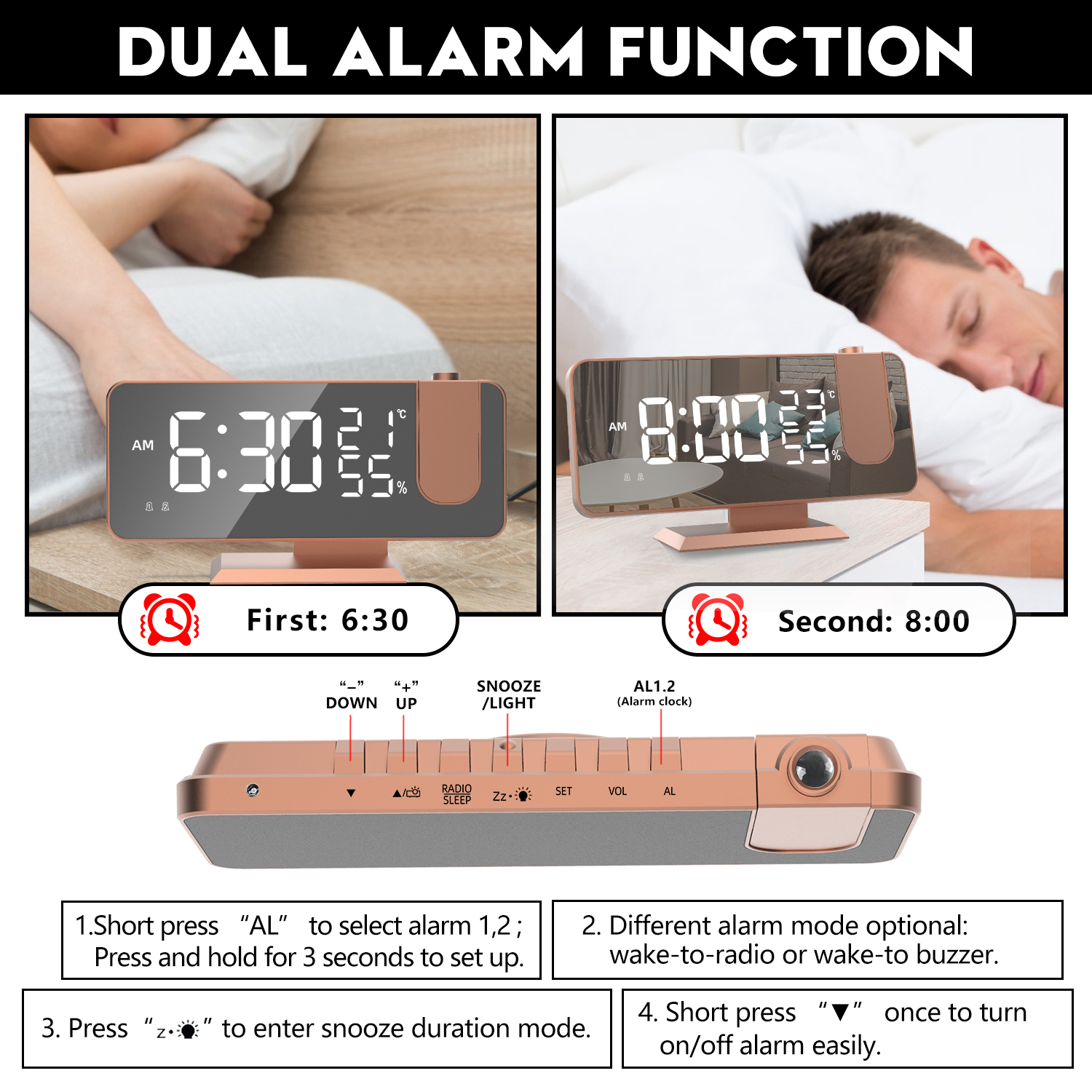 Wecker mit Dual-Alarmfunktion, der die Zeit anzeigt. Die Uhr hat Knöpfe und Anweisungen zur Einrichtung.