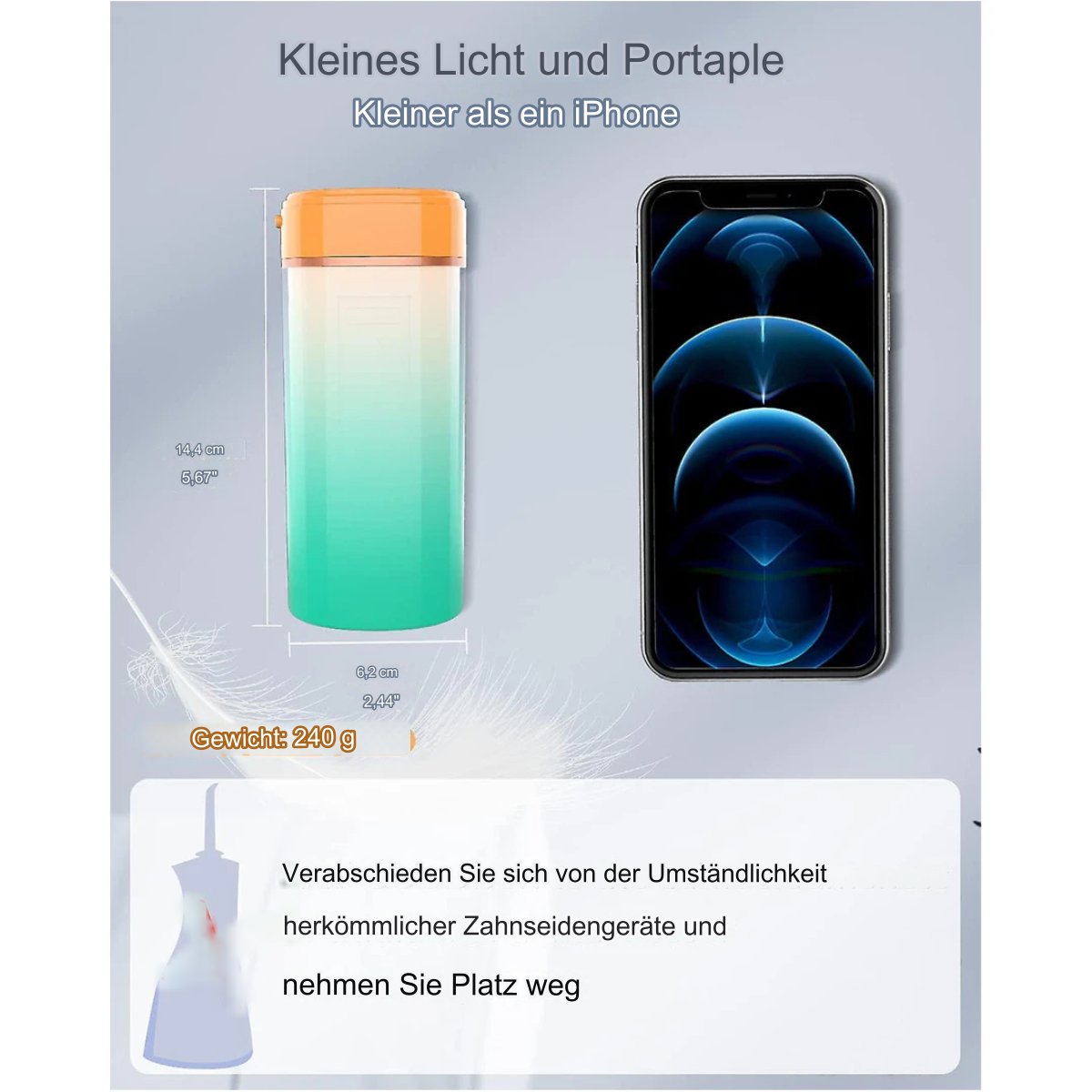 Ein kleiner, grün-oranger Behälter neben einem Telefon. Text auf Deutsch.