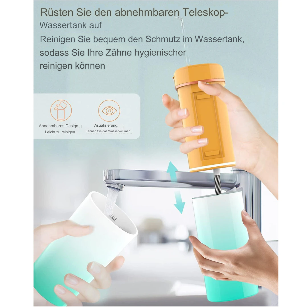 Orange-weißer Wasserflosser mit abnehmbarem Tank und Wasserstrahl.