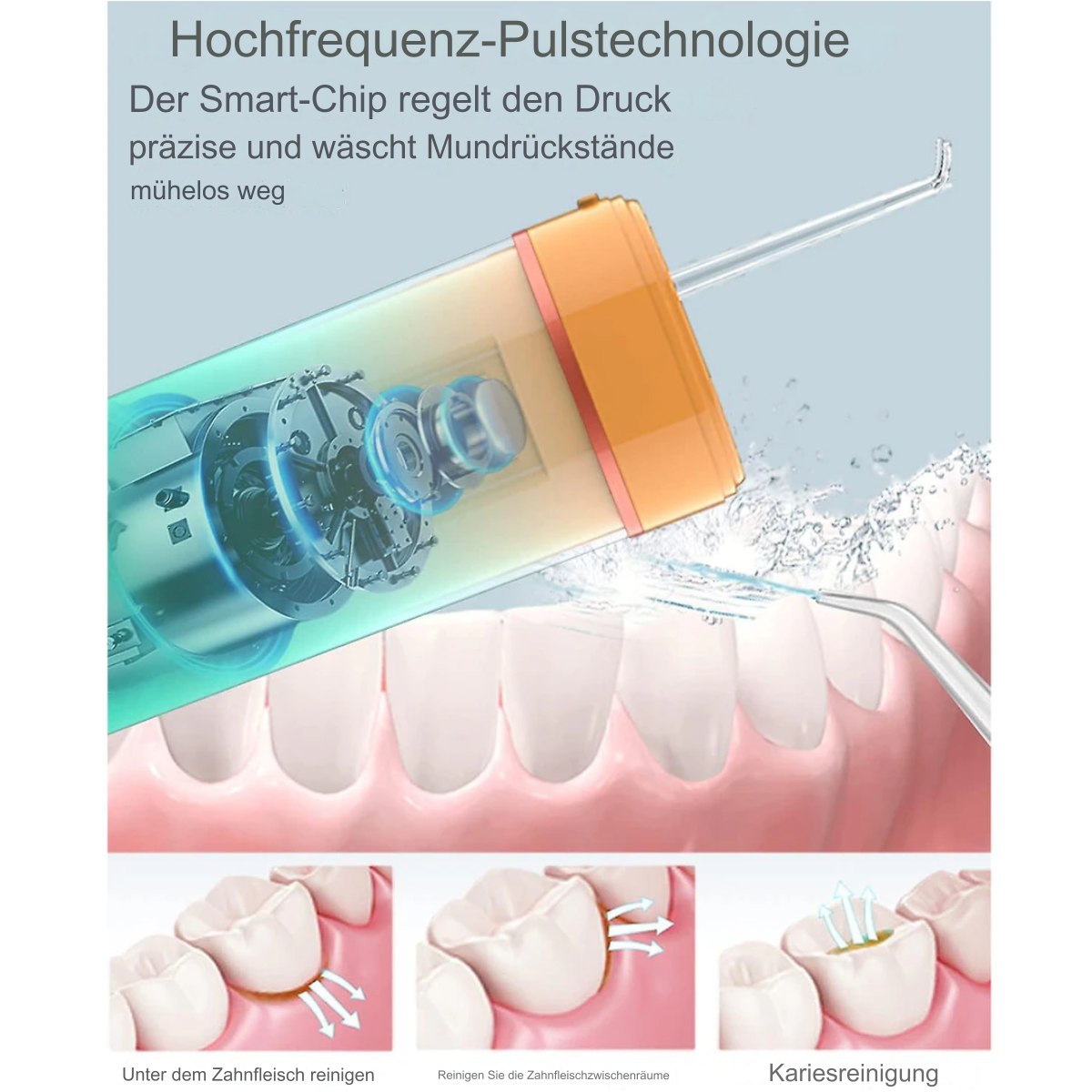 Diagramm von Zähnen mit einer Wasser-Zahnseide. Das Diagramm zeigt, wie man Zähne reinigt.