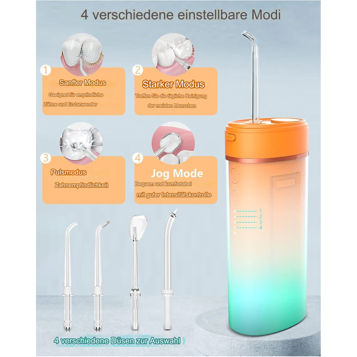 Munddusche mit vier Modi und Düsen. Weißes Gehäuse, orangefarbene und blaue Akzente. Verschiedene Modi werden angezeigt.