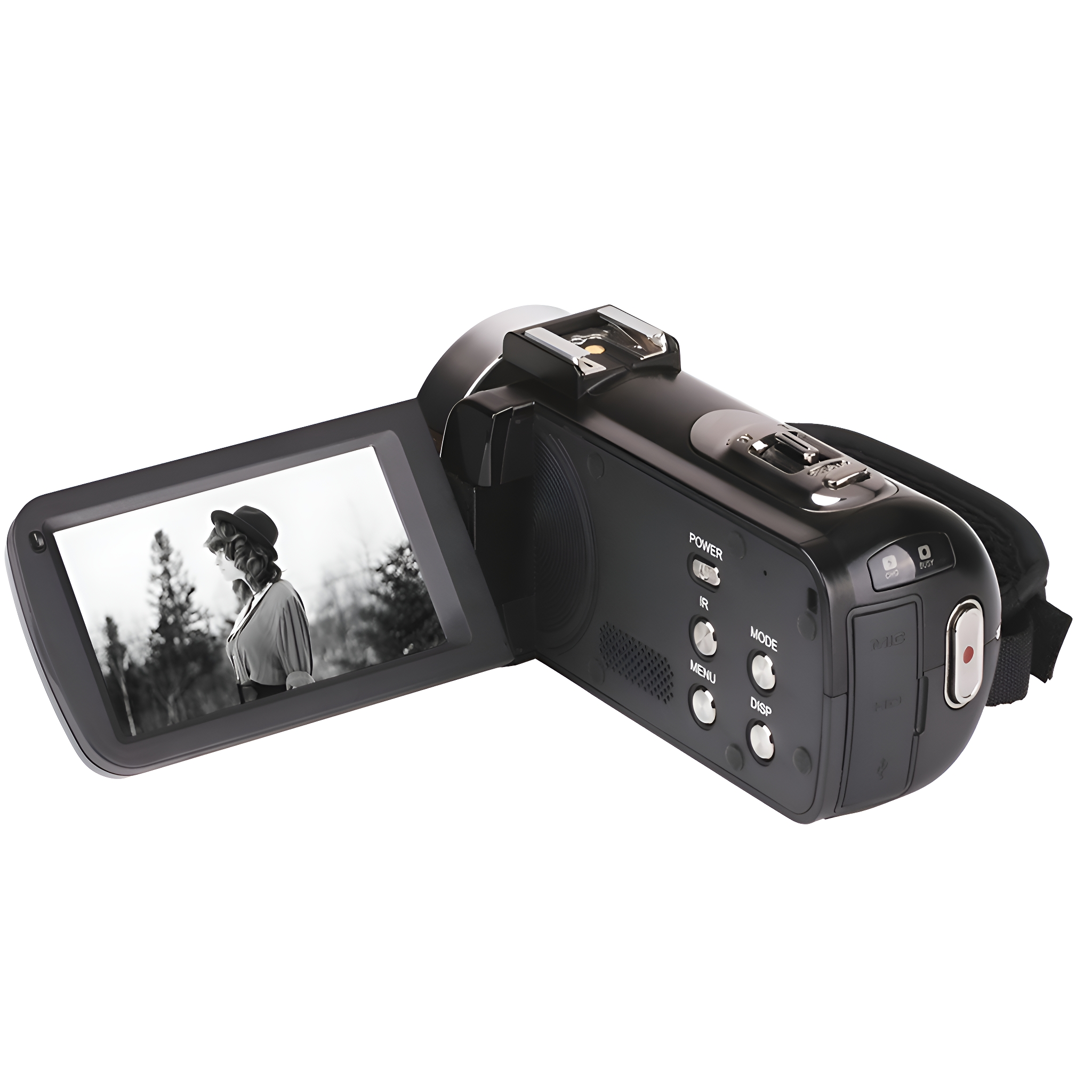 Schwarze Camcorder mit geöffnetem Bildschirm, der ein Schwarz-Weiß-Bild zeigt.