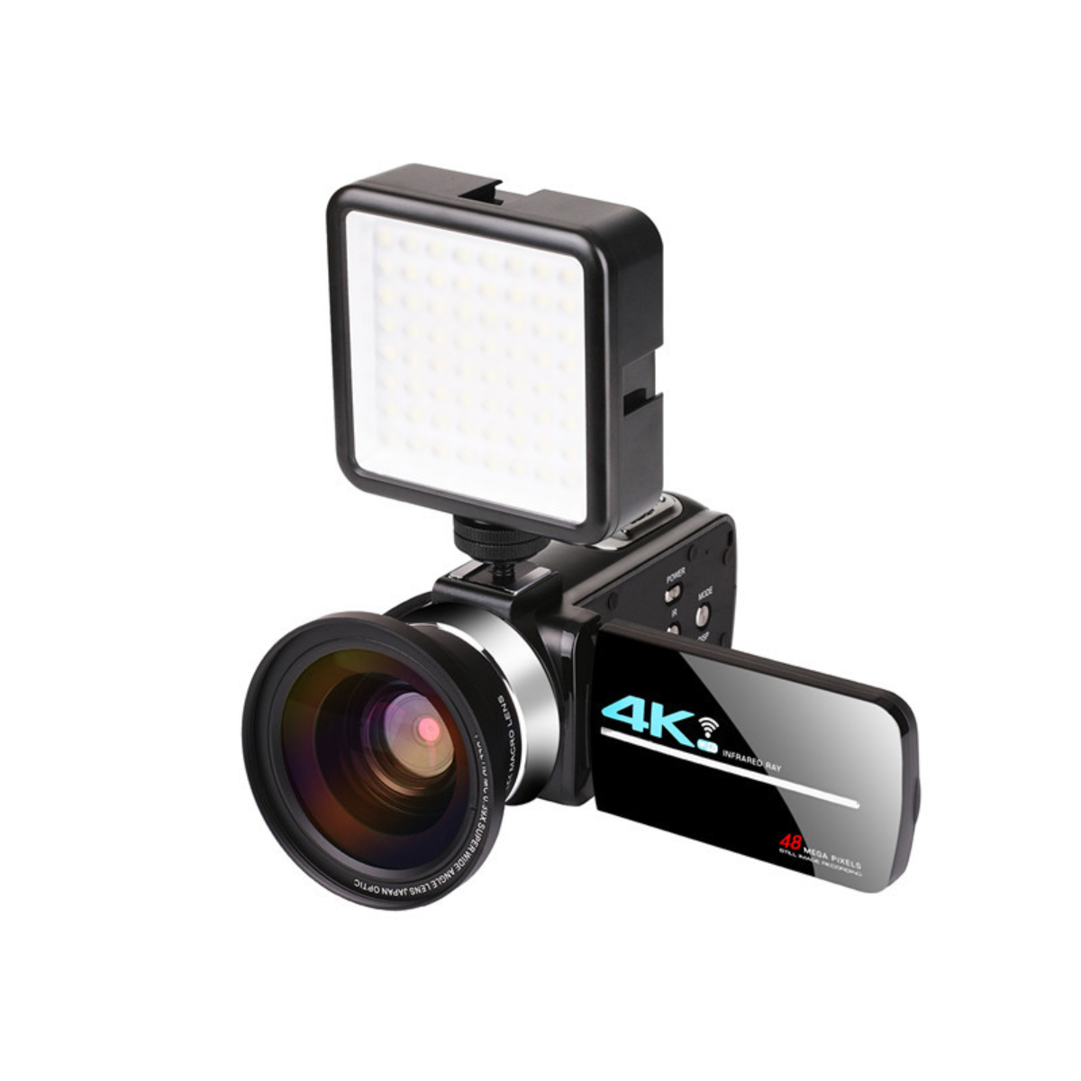 Eine schwarze Videokamera mit angebrachtem Licht, mit ausklappbarem Bildschirm, der '4K' und 'Infrarot Tag' anzeigt.