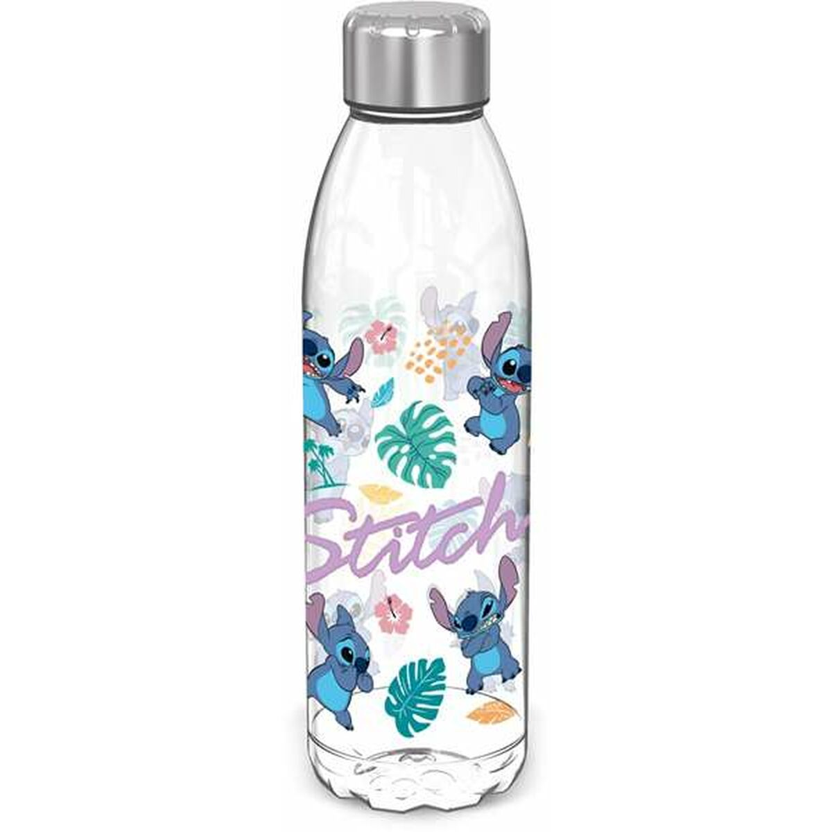 Transparente Wasserflasche mit Stitch-Design und silbernem Deckel. Weißer Hintergrund.