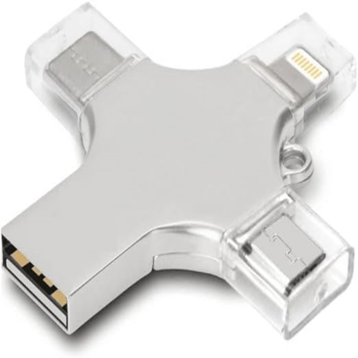 Silbernes USB-Gerät mit vier verschiedenen Anschlüssen: USB, Lightning und zwei Micro-USB.