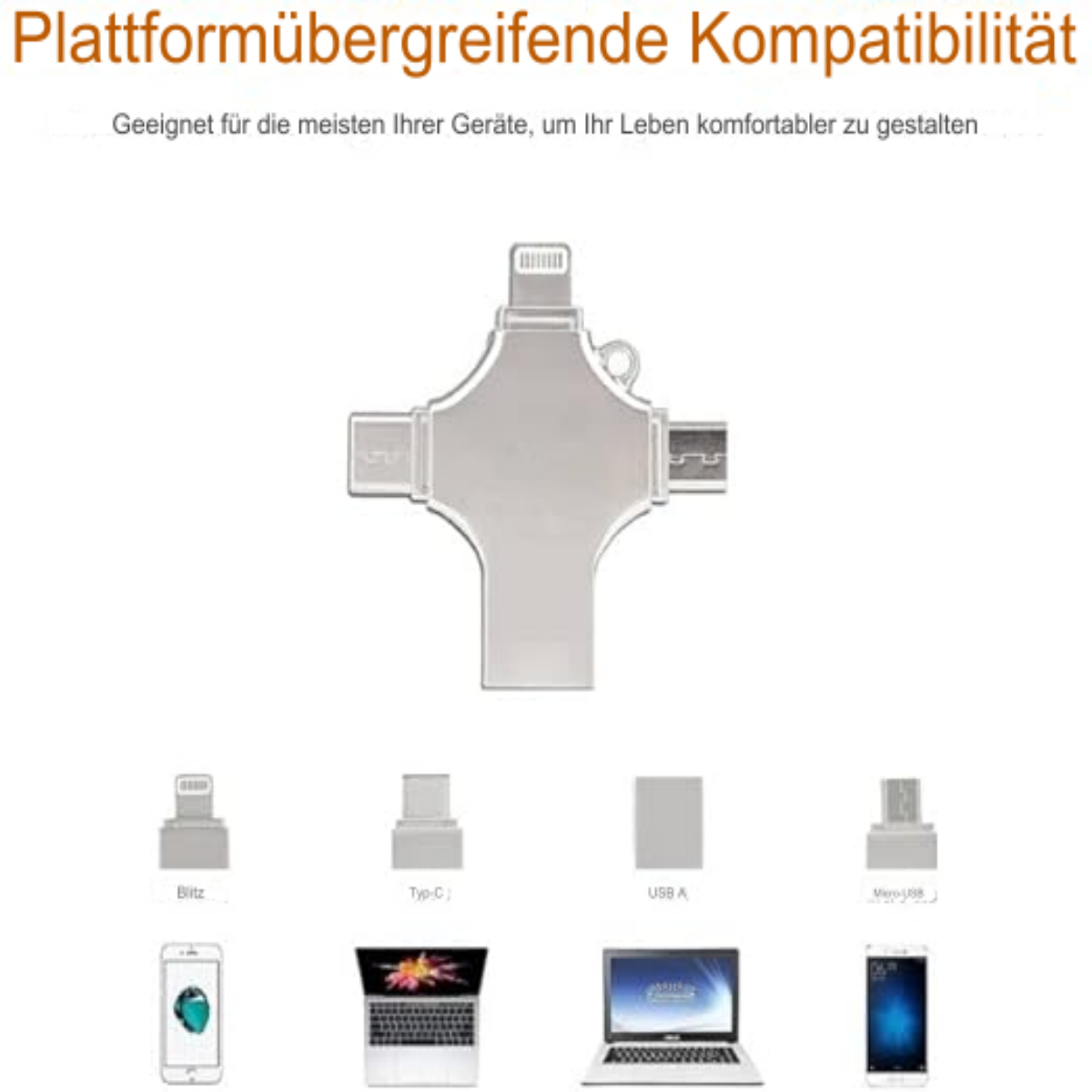 Silberner Multi-Port-Adapter mit mehreren Anschlüssen und Bilder von Geräten, die mit dem Adapter kompatibel sind.