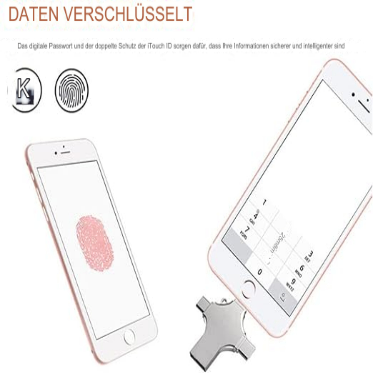 Zwei Telefone, eines mit Fingerabdruck, eines mit Tastatur, auf Weiß.