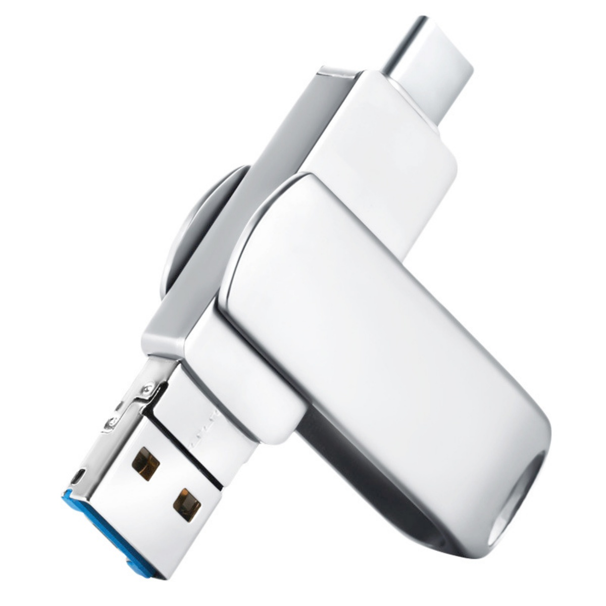 Silberner USB-Stick mit USB- und USB-C-Anschlüssen. Die Form ist rechteckig und metallisch.