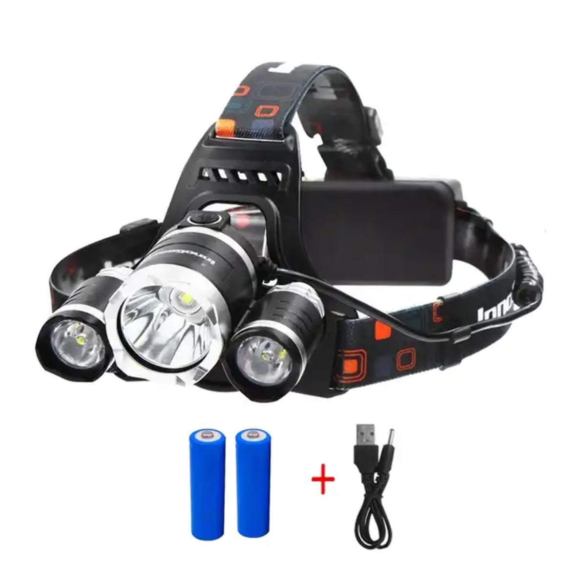 Eine Stirnlampe mit drei Lichtern, einem schwarzen Akkupack, zwei blauen Batterien und einem USB-Kabel.