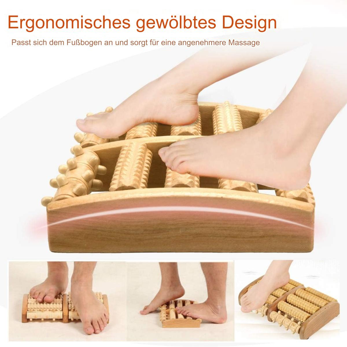Fußmassagegerät aus Holz, Füße rollen darauf. Zusätzliche Ansichten zeigen das Produkt in Gebrauch.