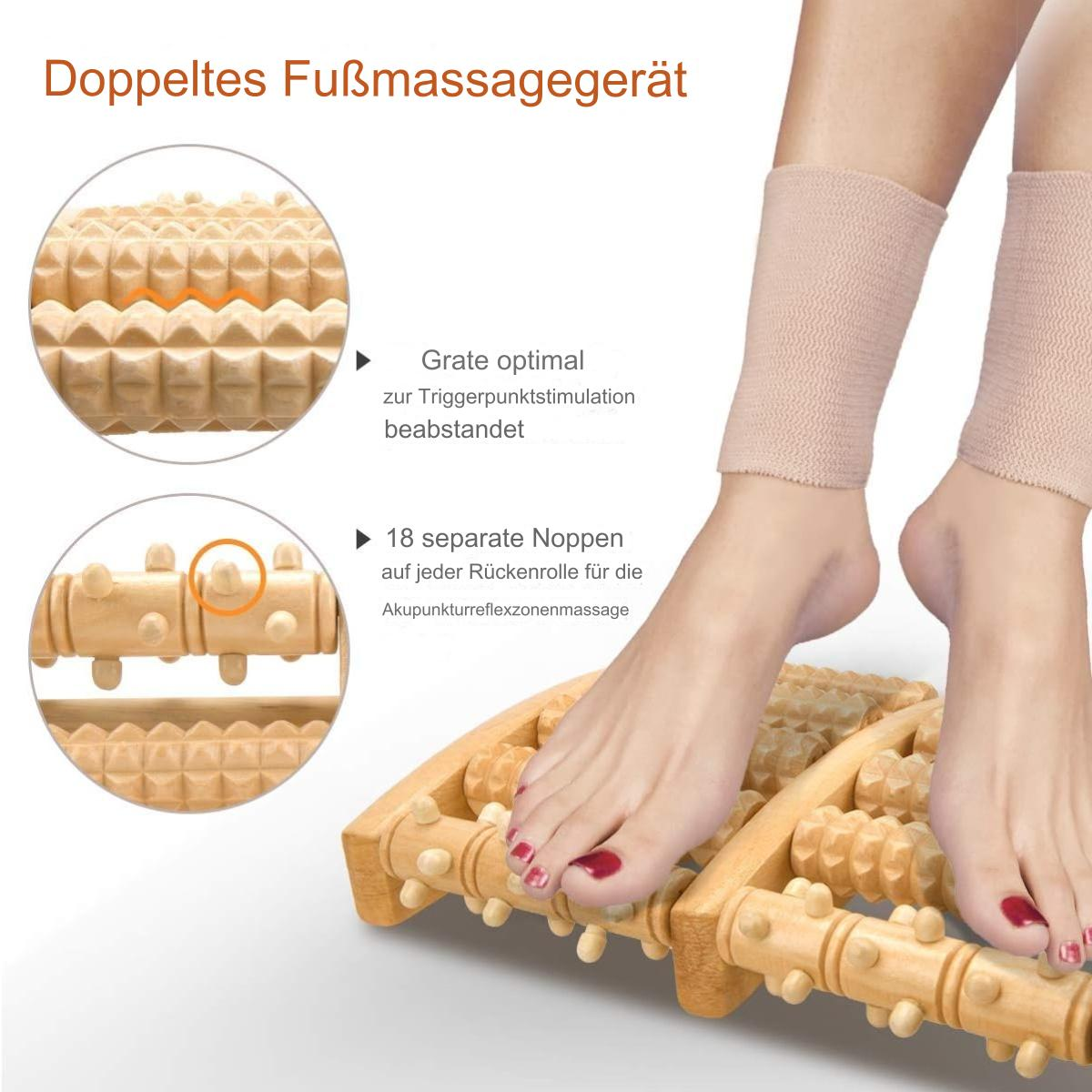 Fußmassagegerät aus Holz mit Rollen und Füßen, die es benutzen. Nahaufnahme der Rollen.