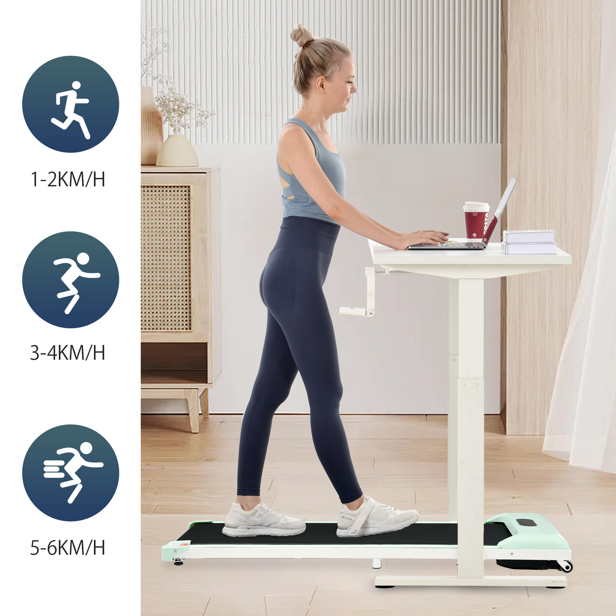 Frau, die an einem Laufband-Schreibtisch arbeitet, mit Geschwindigkeitssymbolen.