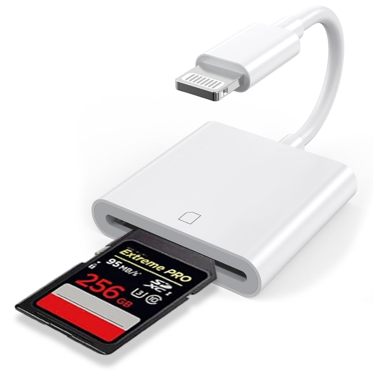 Weißer SD-Kartenleser mit eingelegter schwarzer SD-Karte, verbunden mit einem Apple Lightning-Kabel.