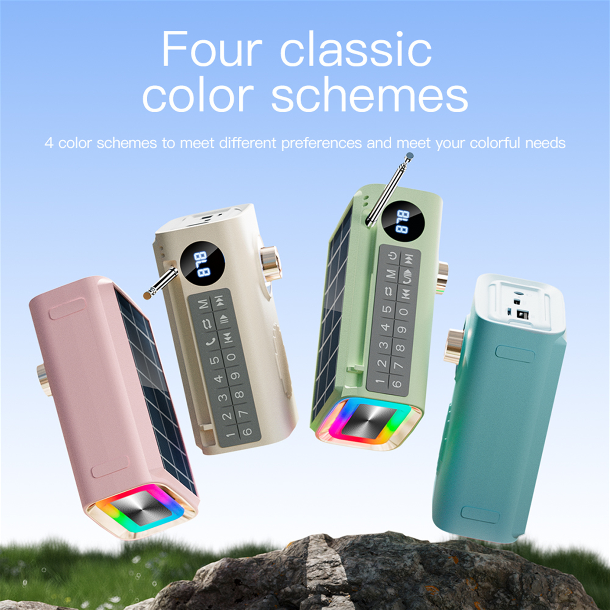 Vier solarbetriebene Radios in verschiedenen Farben, mit beleuchtetem Display und Lautsprecher.