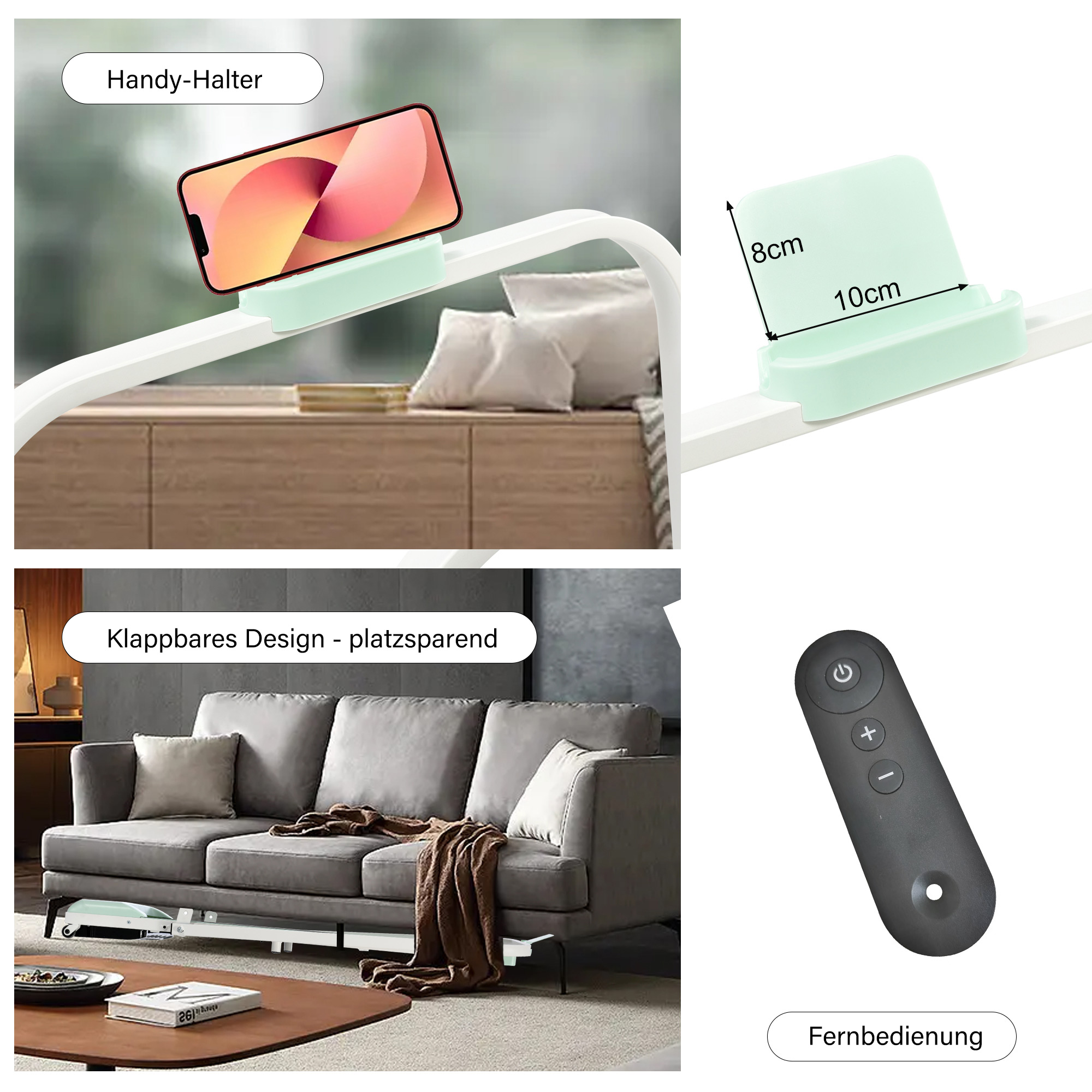 Telefonständer und Fernbedienung auf weißer Oberfläche, mit Couch.
