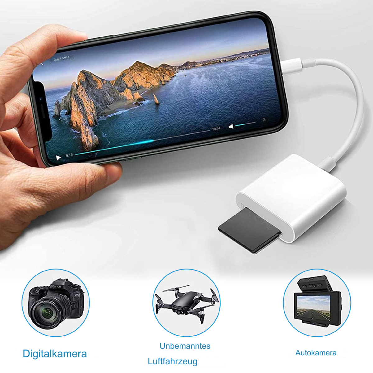 Eine Hand, die ein Telefon hält, das ein Video anzeigt, eine Kamera, eine Drohne und eine Autokamera.