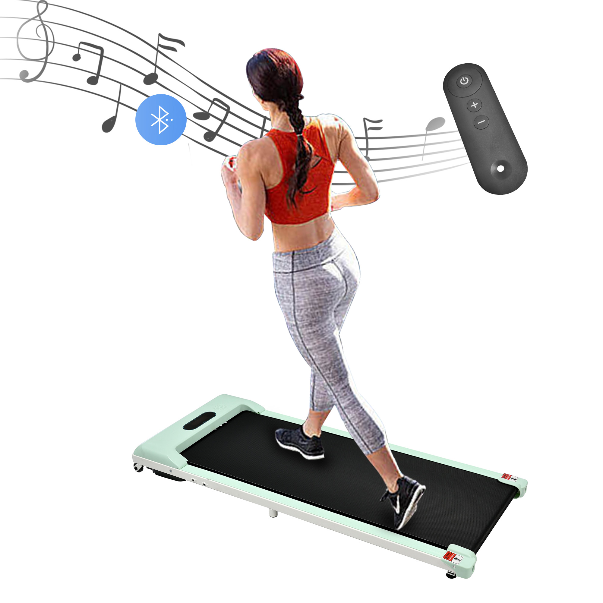 Frau läuft auf einem Laufband mit Fernbedienung und Noten im Hintergrund.