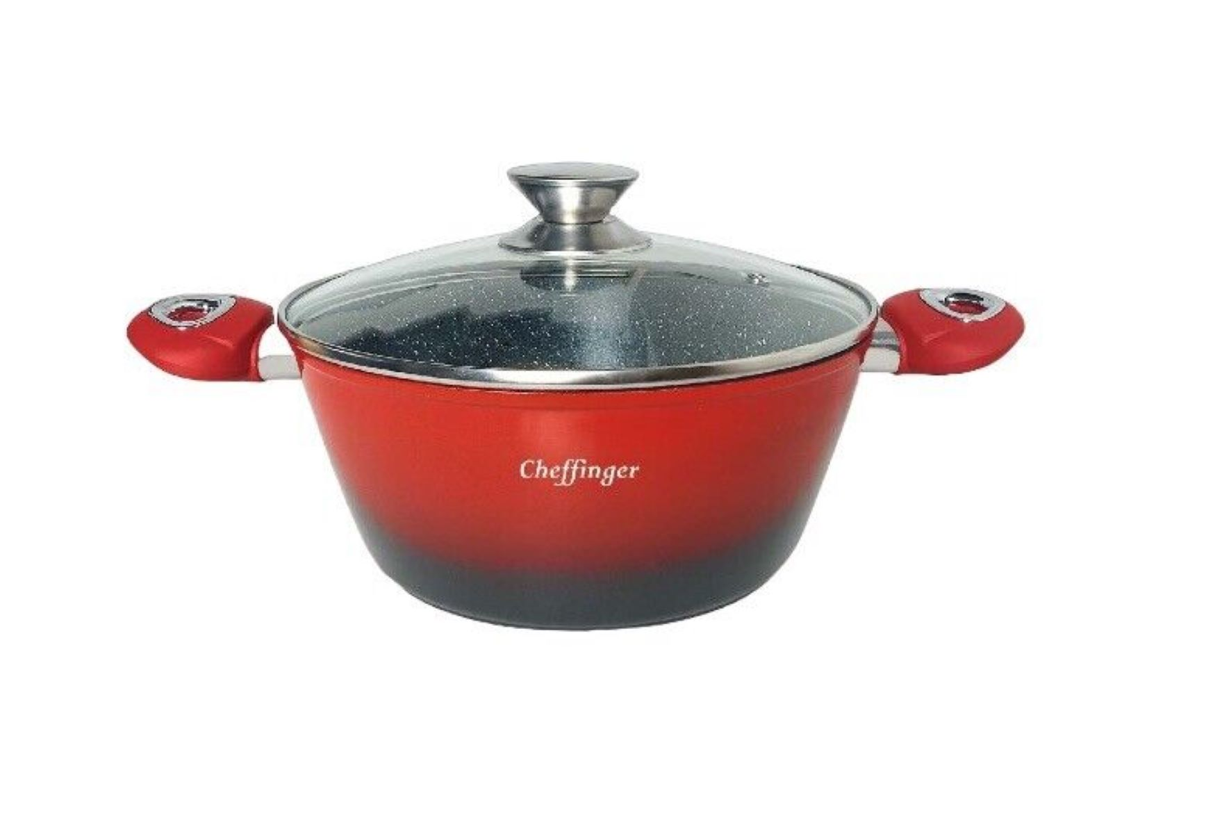 Roter Kochtopf mit Glasdeckel. Der Topf hat rote Griffe.