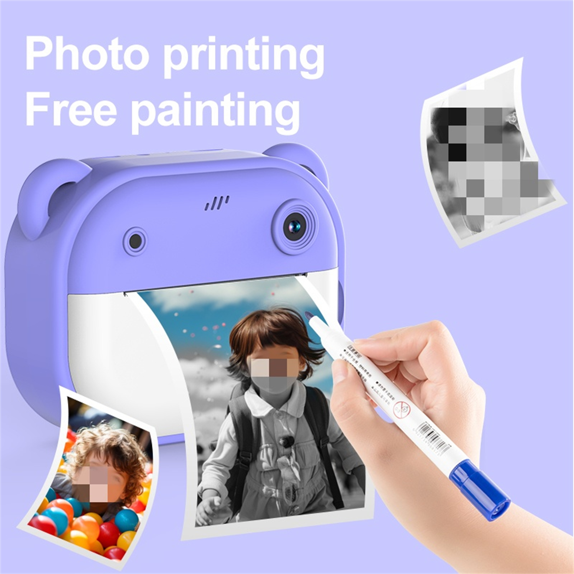 Eine lila Kamera mit einem gedruckten Foto und einer Hand, die mit einem blauen Stift darauf zeichnet.
