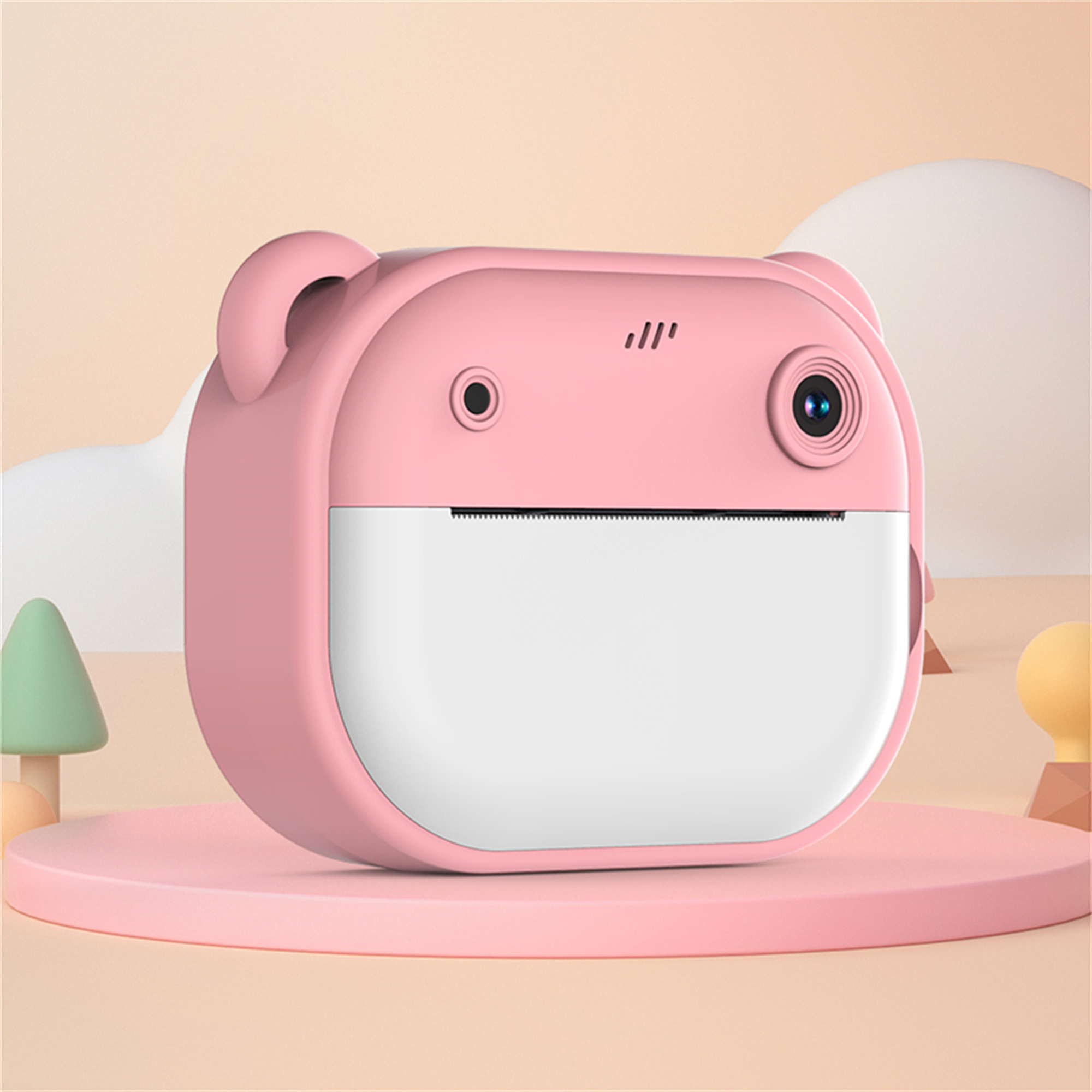 Rosa Cartoon-Kamera auf rosa Ständer, heller Hintergrund.