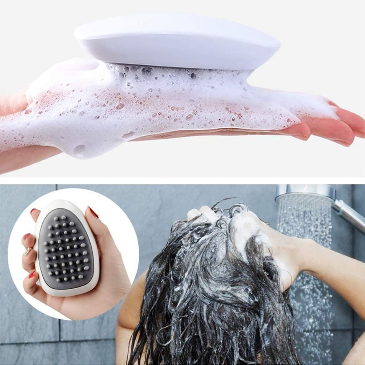 Eine Hand mit Seife und Schaum, und eine Person, die Haare mit Bürste wäscht.