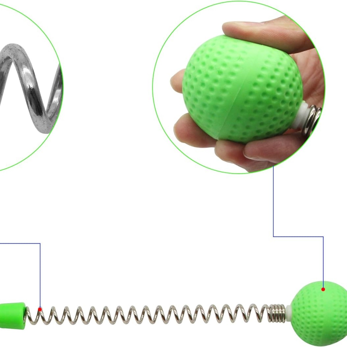 Grüne Stressbälle mit einer Metallfeder. Ein Ball ist in einer Hand. Nahaufnahme.
