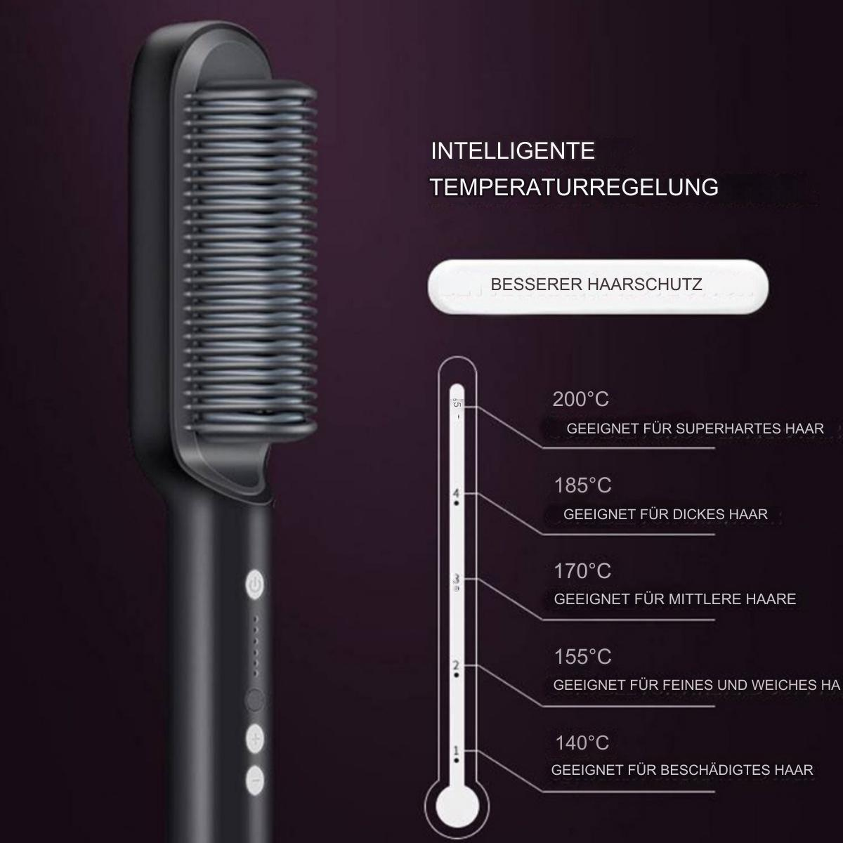 Schwarzer Haarglättungskamm. Zeigt Temperatureinstellungen für verschiedene Haartypen.