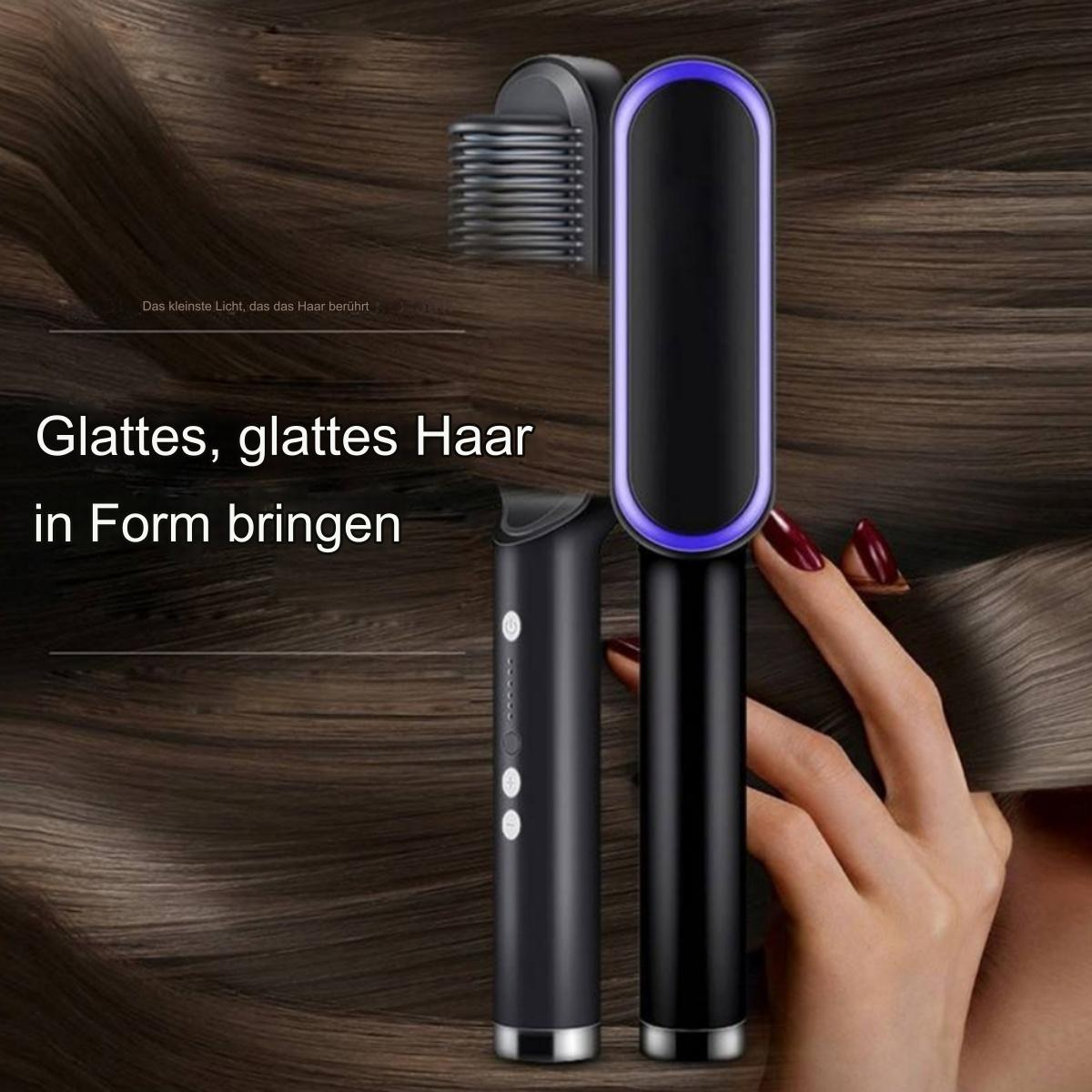 Haarglättungskamm in Gebrauch, mit einem zweiten Kamm. Text sagt: Glattes Haar in Form bringen.