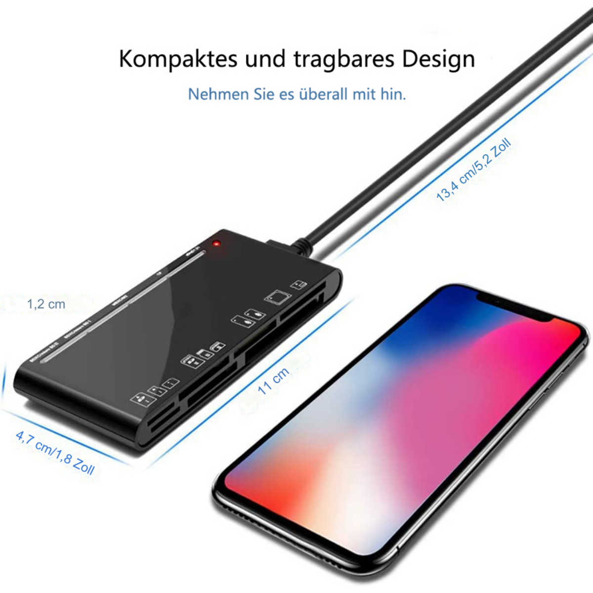 Ein schwarzer Kartenleser mit USB-Kabel und Smartphone, zeigt Maße in cm und Zoll.