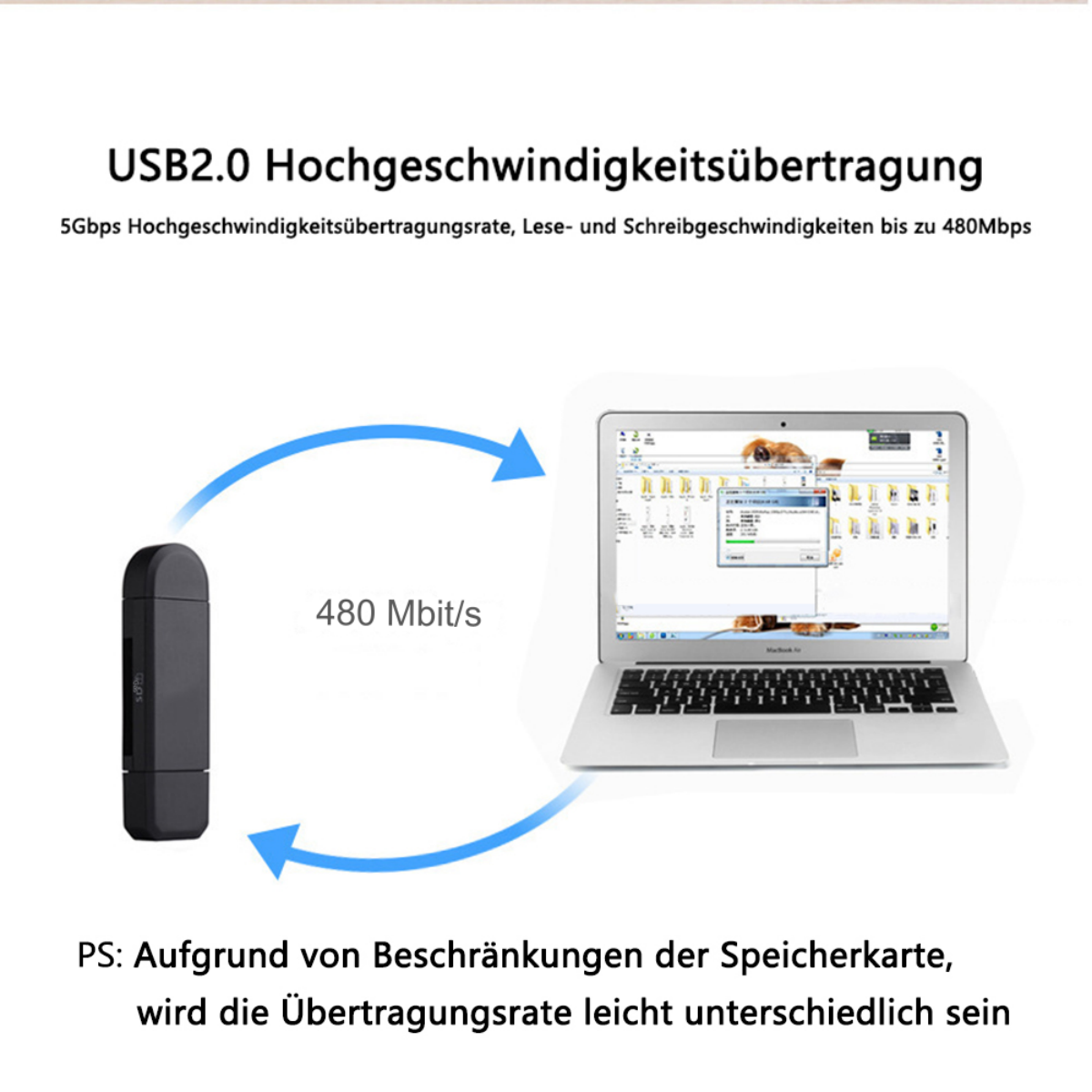 Schwarzer USB-Stick neben einem Laptop. Übertragungsrate wird mit blauen Pfeilen mit 480 Mbit/s angezeigt.