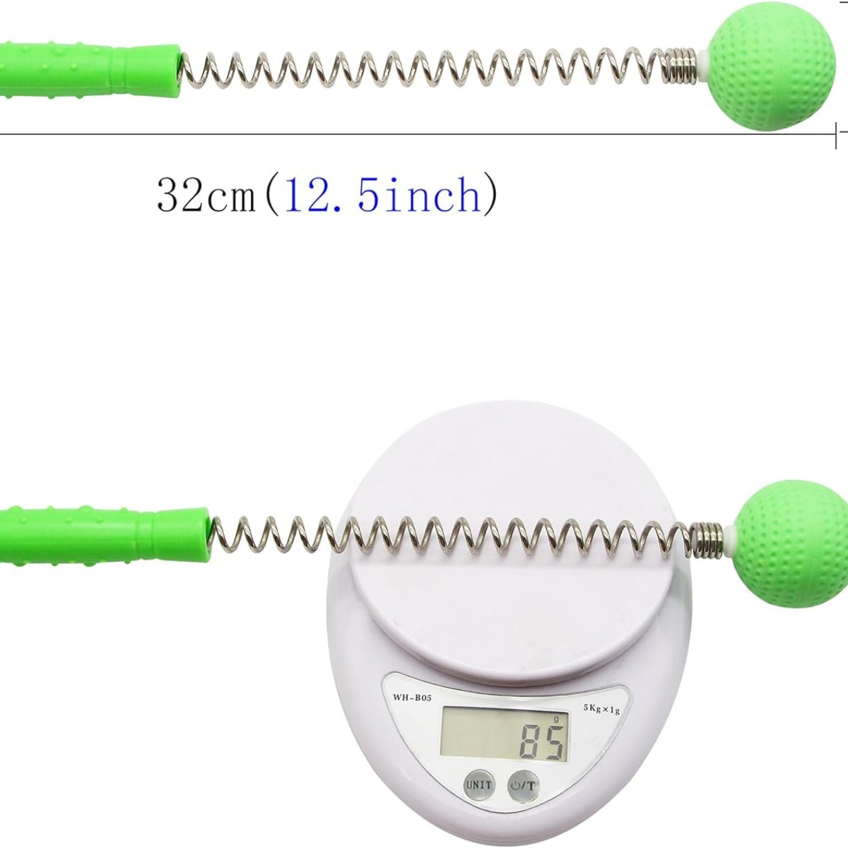 Grüne Griffe und Kugeln, verbunden durch eine silberne Feder. 32 cm (12,5 Zoll) geschrieben.