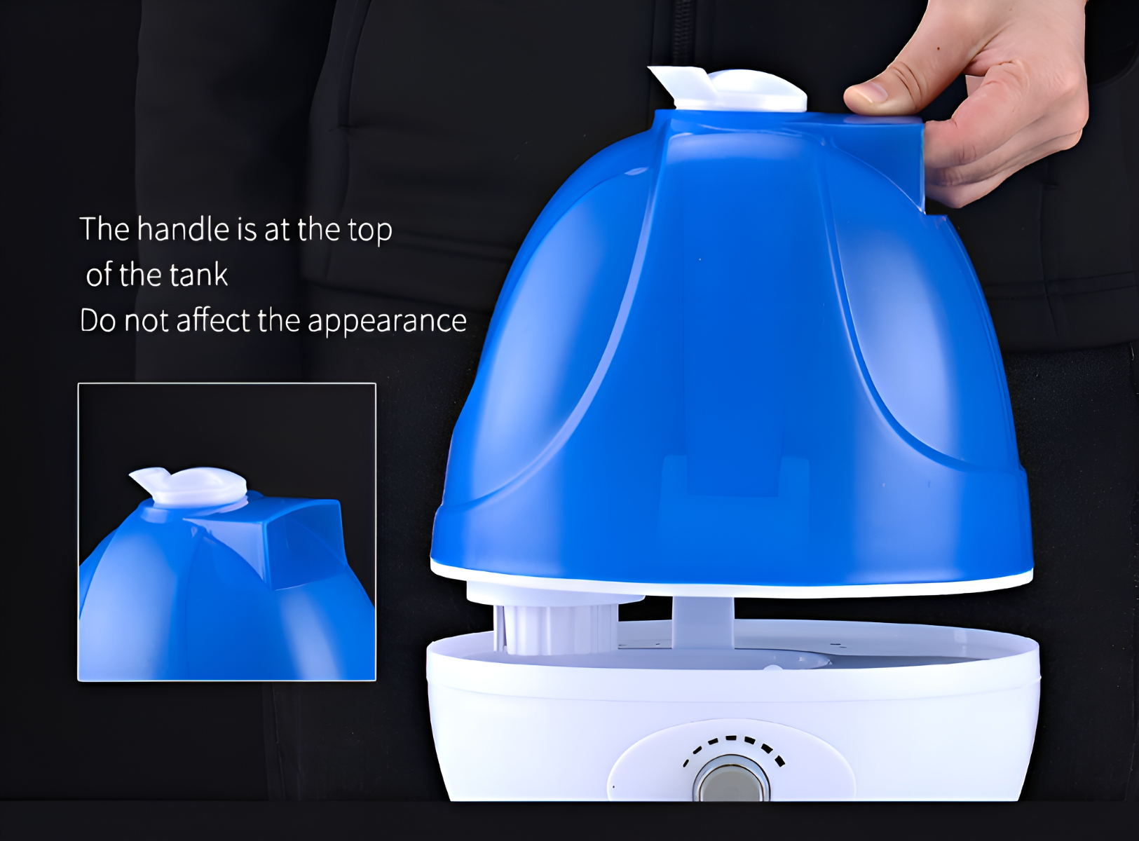 Blau-weißer Luftbefeuchter. Der Griff befindet sich oben. Das Design ist einfach. Der Einsatz zeigt das Detail des oberen Griffs.