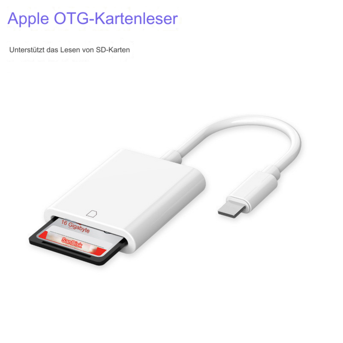 Weißer Kartenleser mit SD-Karte. Hat einen USB-C-Anschluss.