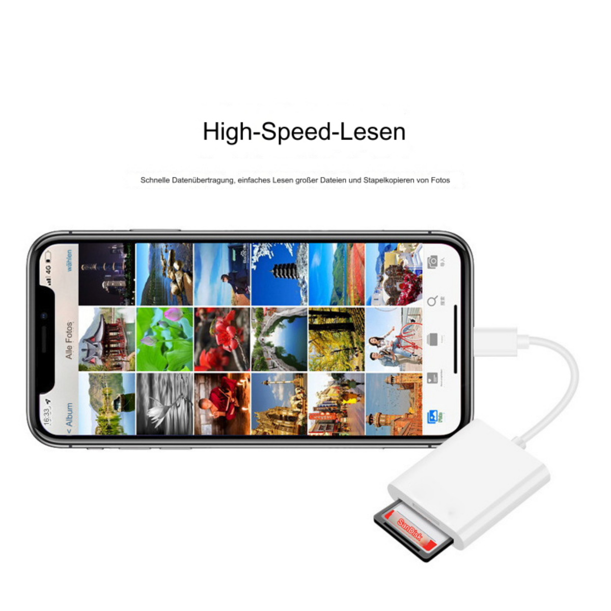 Smartphone, der mit einem SD-Kartenleser verbunden ist, zeigt Miniaturansichten von Fotos an.