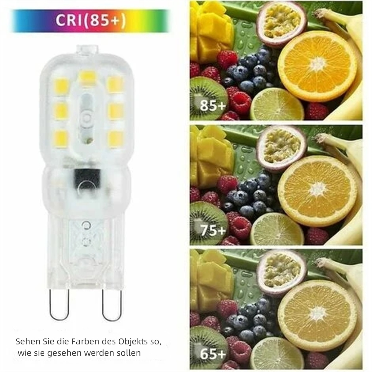 Eine LED-Glühbirne neben frischen Früchten, die den Farbwiedergabeindex zeigt.