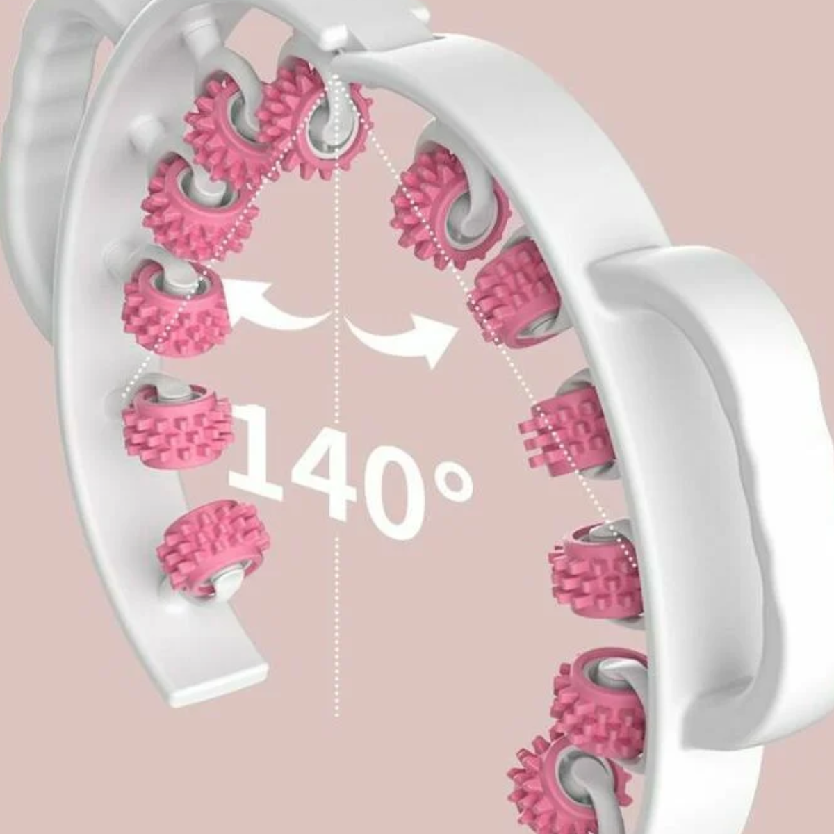 Nahaufnahme einer Massagerolle mit rosa Rollen auf weißem Rahmen.