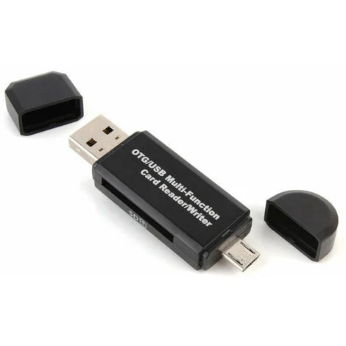 Schwarzes OTG/USB-Kartenlesegerät/-schreiber mit USB- und Micro-USB-Anschluss.