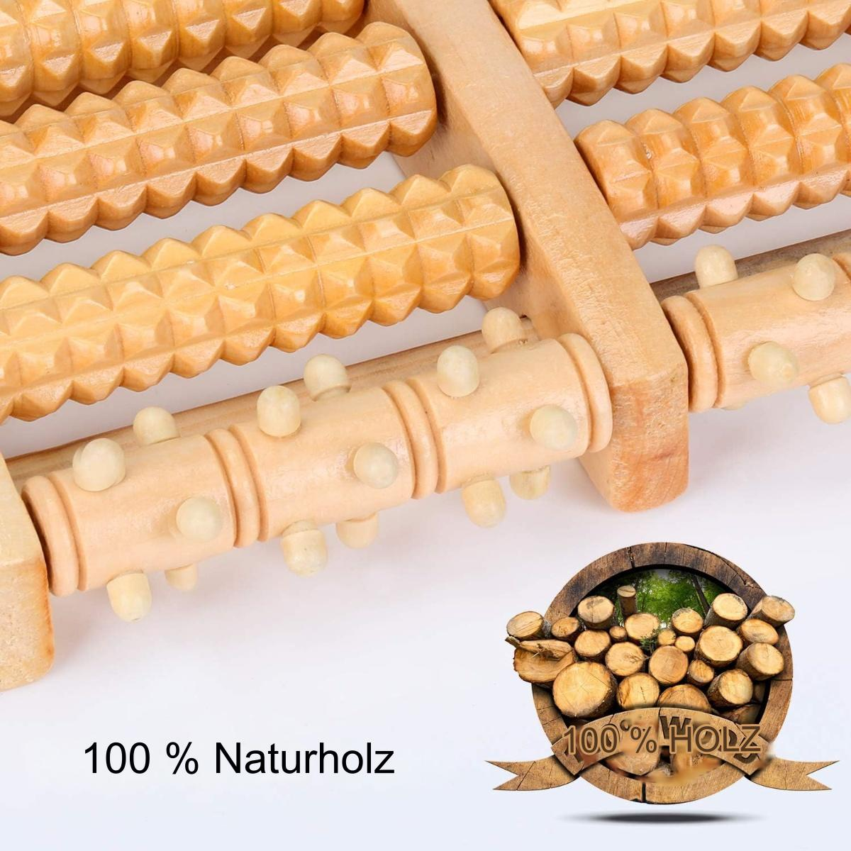 Fußmassagegerät aus Holz mit abgerundeten und strukturierten Rollen. Ein Holzschild sagt: 100% Holz.