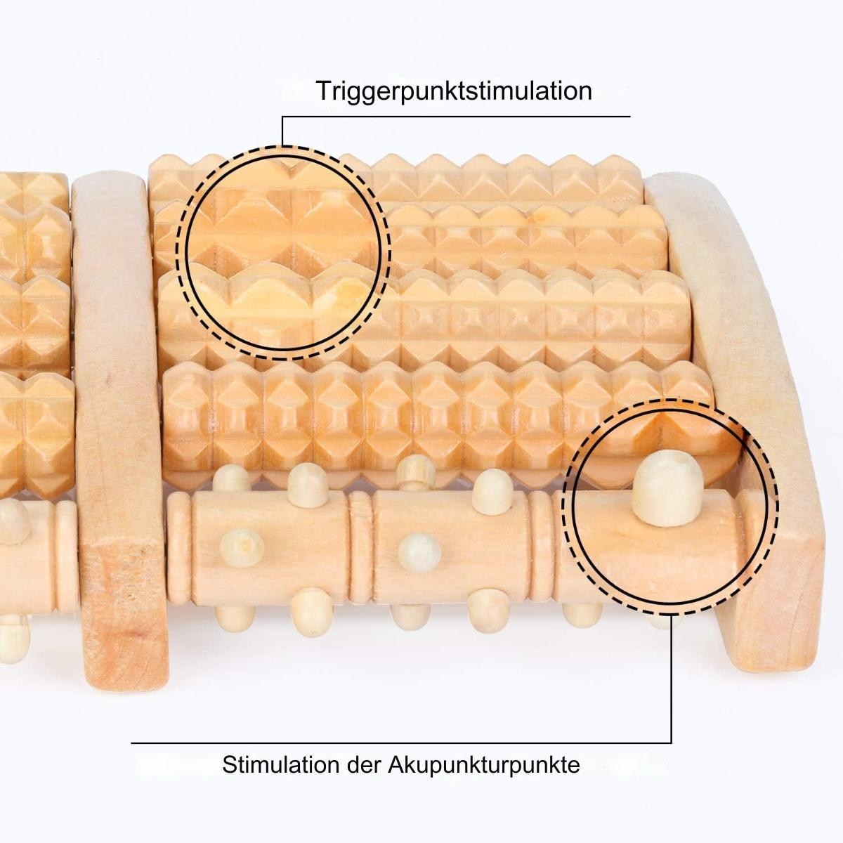 Massage-Holzroller mit gepunkteten Linien, die Bereiche zur Stimulation hervorheben.