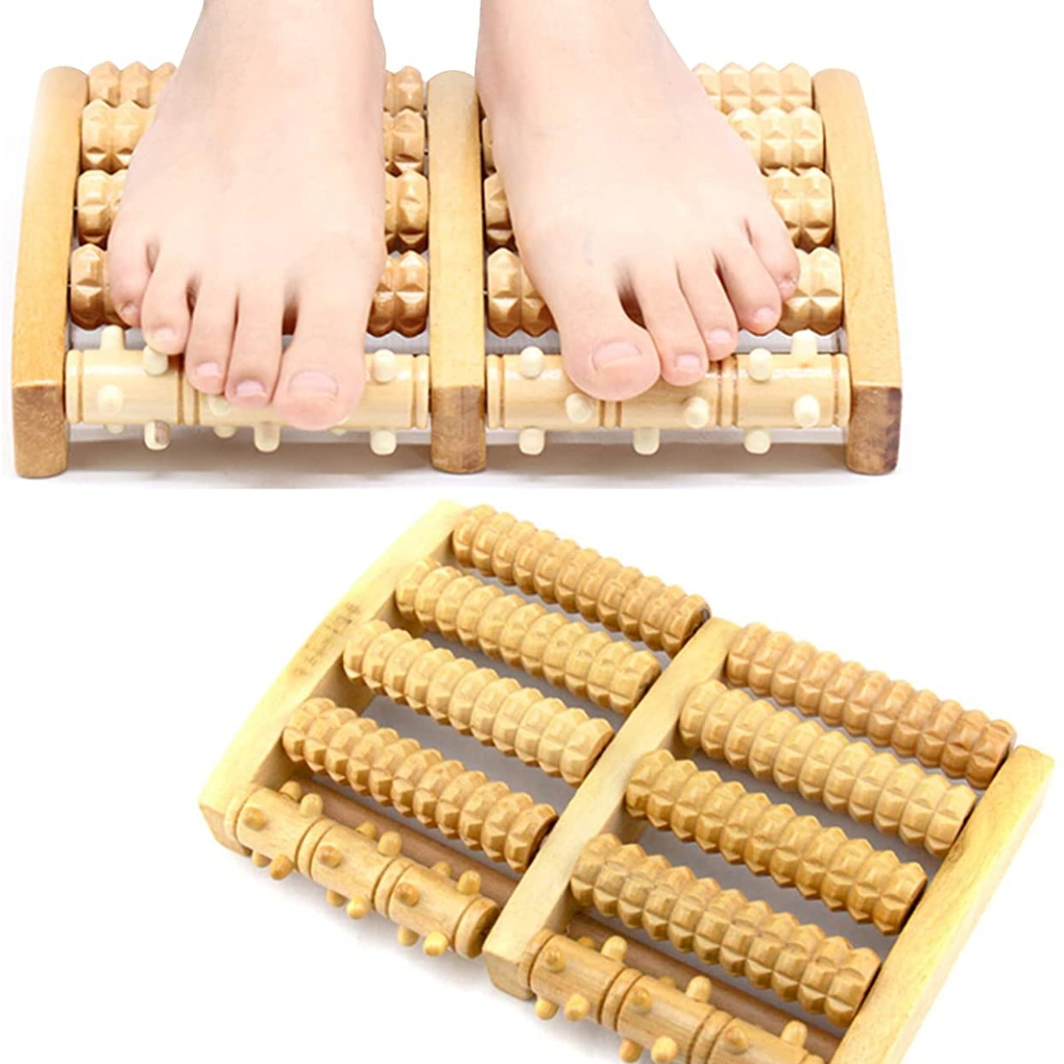 Fußmassagegerät aus Holz mit Füßen oben und einem weiteren unten.