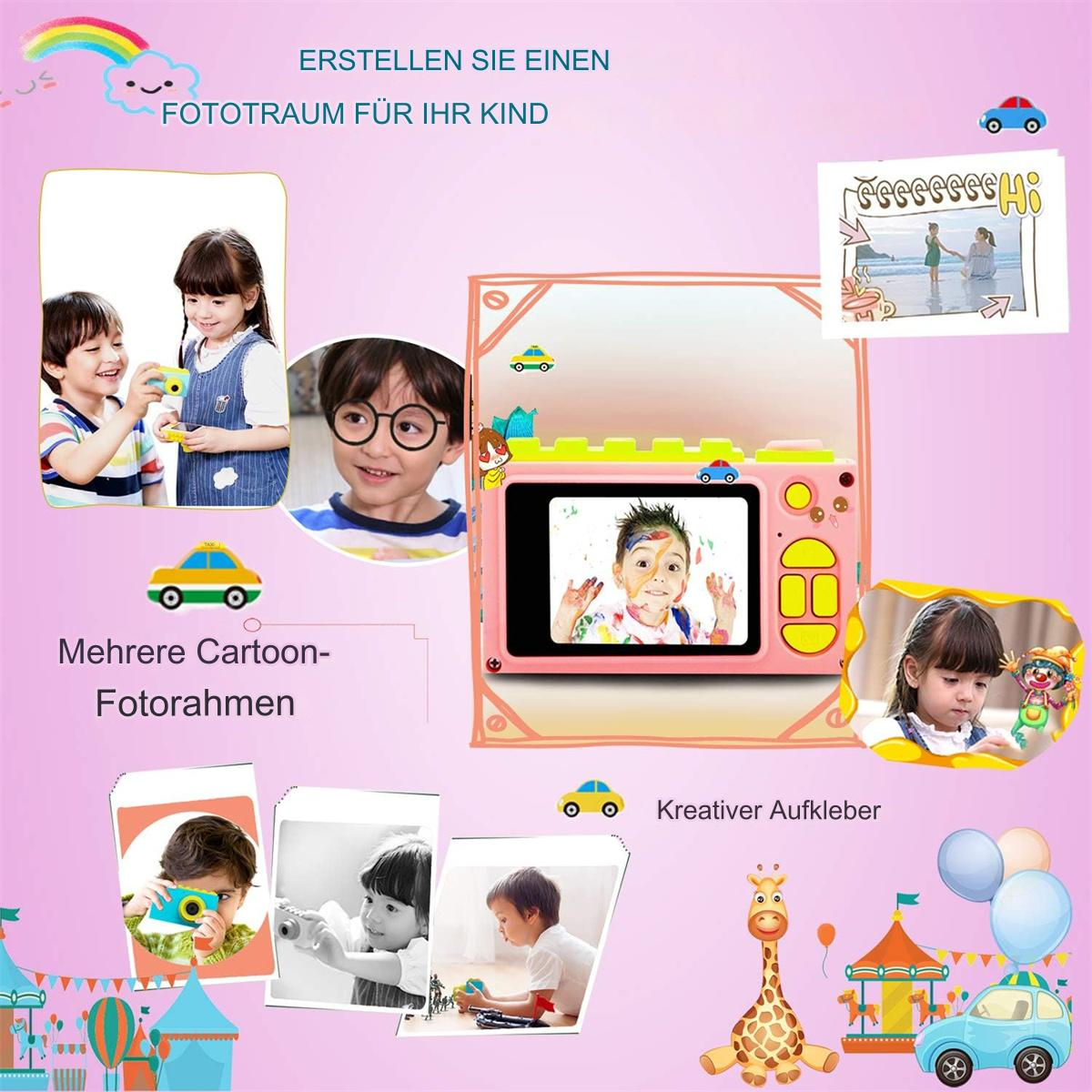 Rosa Kamera für Kinder mit Cartoon-Rahmen und Aufklebern.