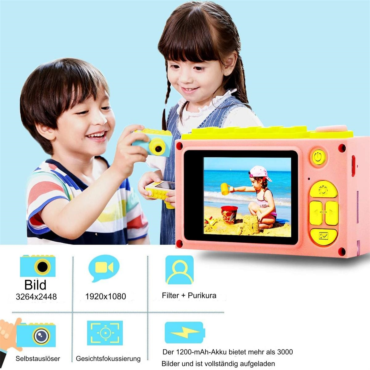 Zwei Kinder mit einer Spielzeugkamera. Die Kamera hat einen Bildschirm mit einem Foto. Symbole beschreiben Funktionen.