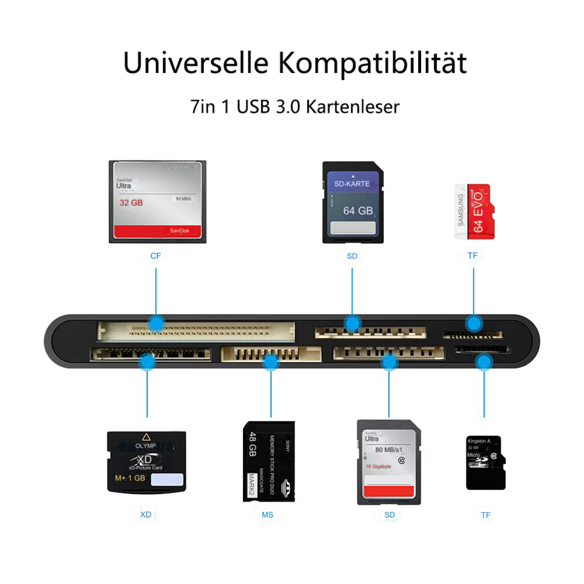 Kartenleser mit verschiedenen eingelegten Speicherkarten.