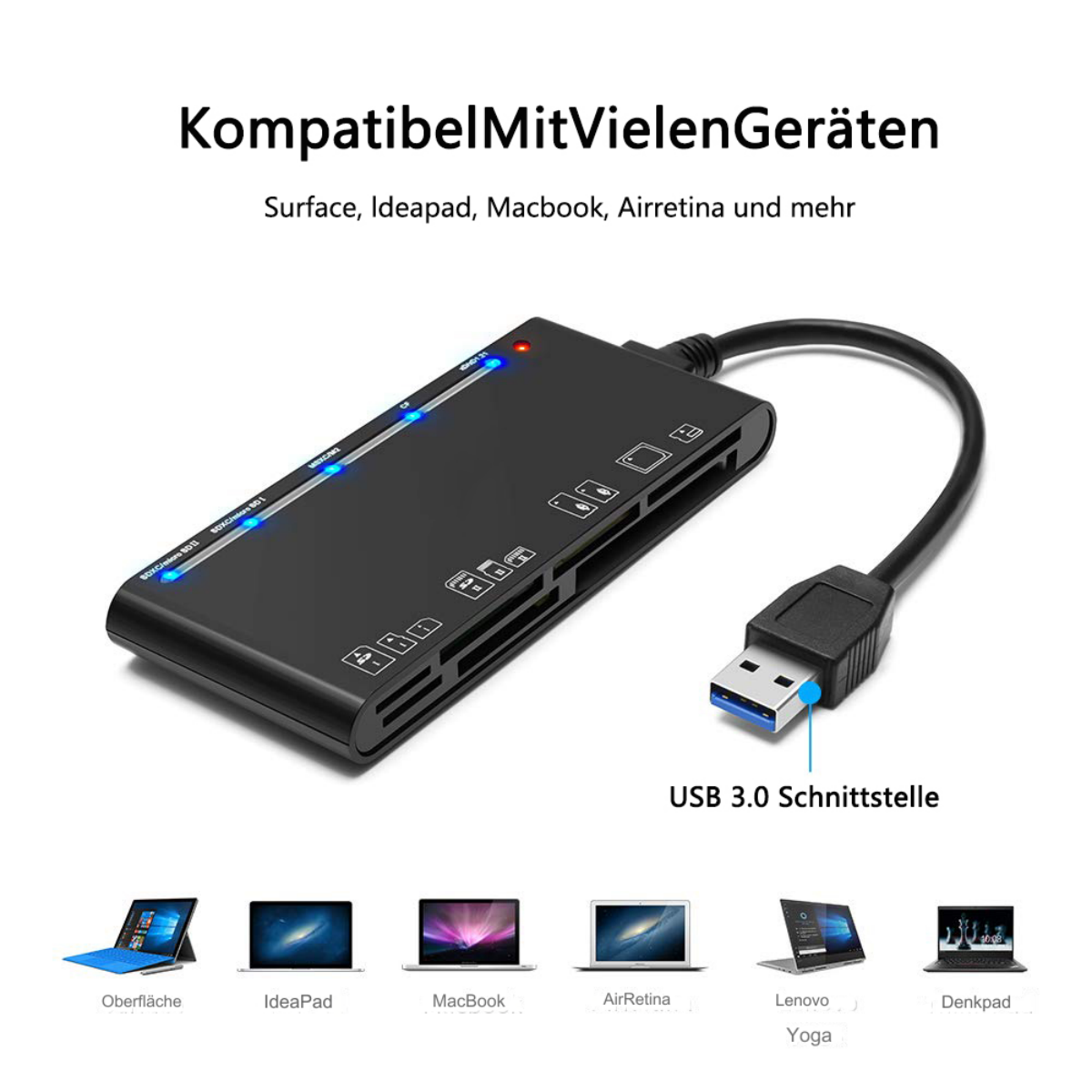 Schwarzer USB 3.0 Kartenleser mit mehreren Kartensteckplätzen und USB-Anschluss mit blauem Licht.