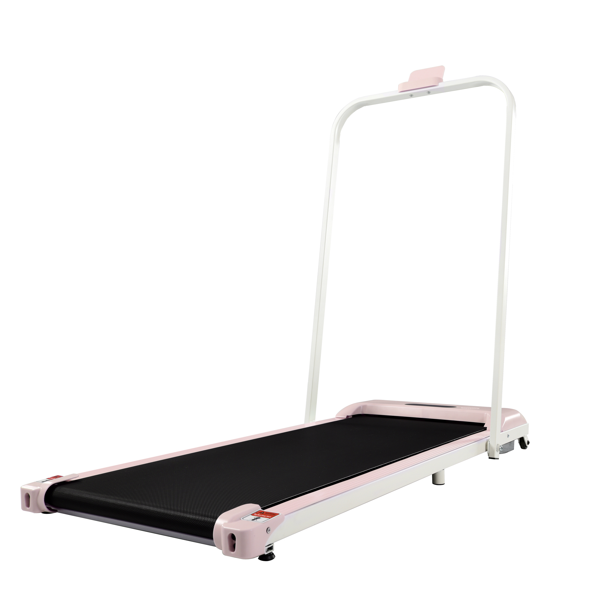 Rosa-weißes Laufband mit schwarzem Laufgurt. Es hat einen gebogenen Griff an der Vorderseite.