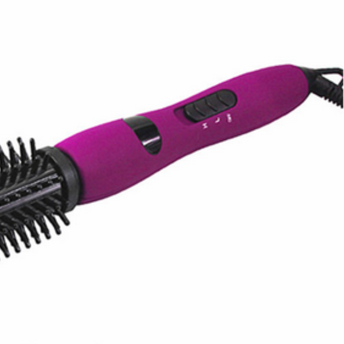 Eine rosa Haarstylingbürste mit schwarzen Borsten und Knöpfen.